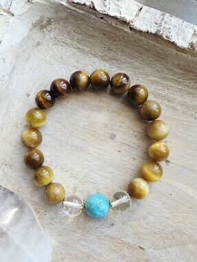 Tiger Eye and Amazonite Beaded Stretch Bracelet with Clear Quartz | Natural